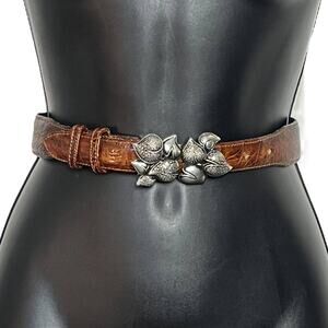 Vintage Vicenza Leather Belt 1980s 1990s Faux Crocodile Ornate Silver Buckle S